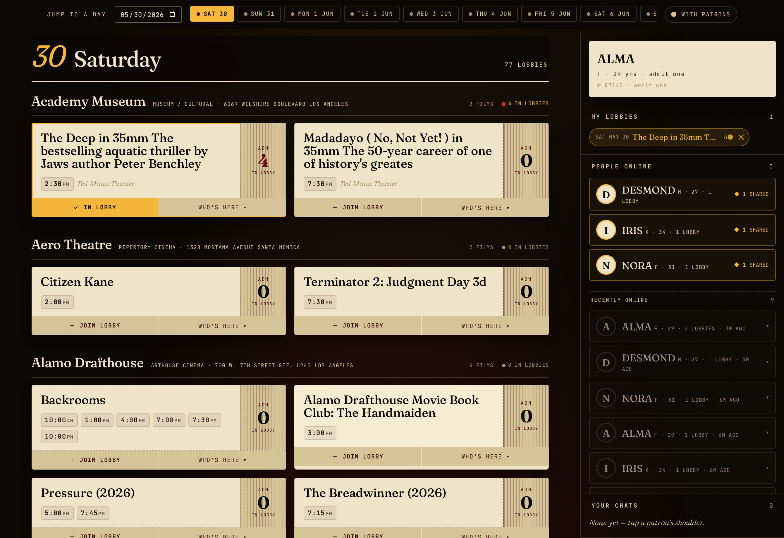 The Double Feature bill on desktop: screenings listed as ticket stubs with a sidebar showing your stub, your lobbies, people online, and your chats.