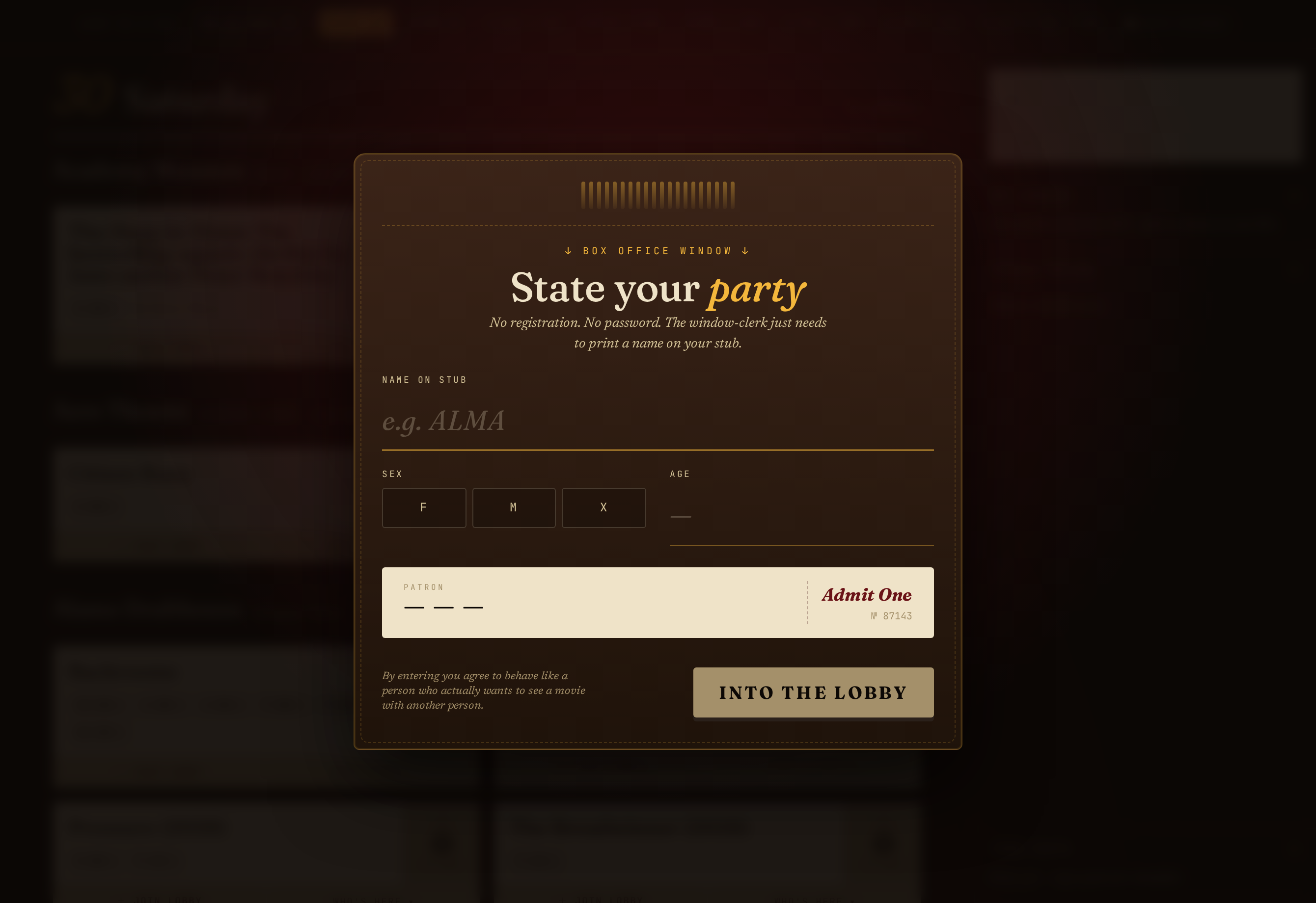 The Double Feature box-office entry on desktop: a form for name, sex, and age with a live ticket preview.