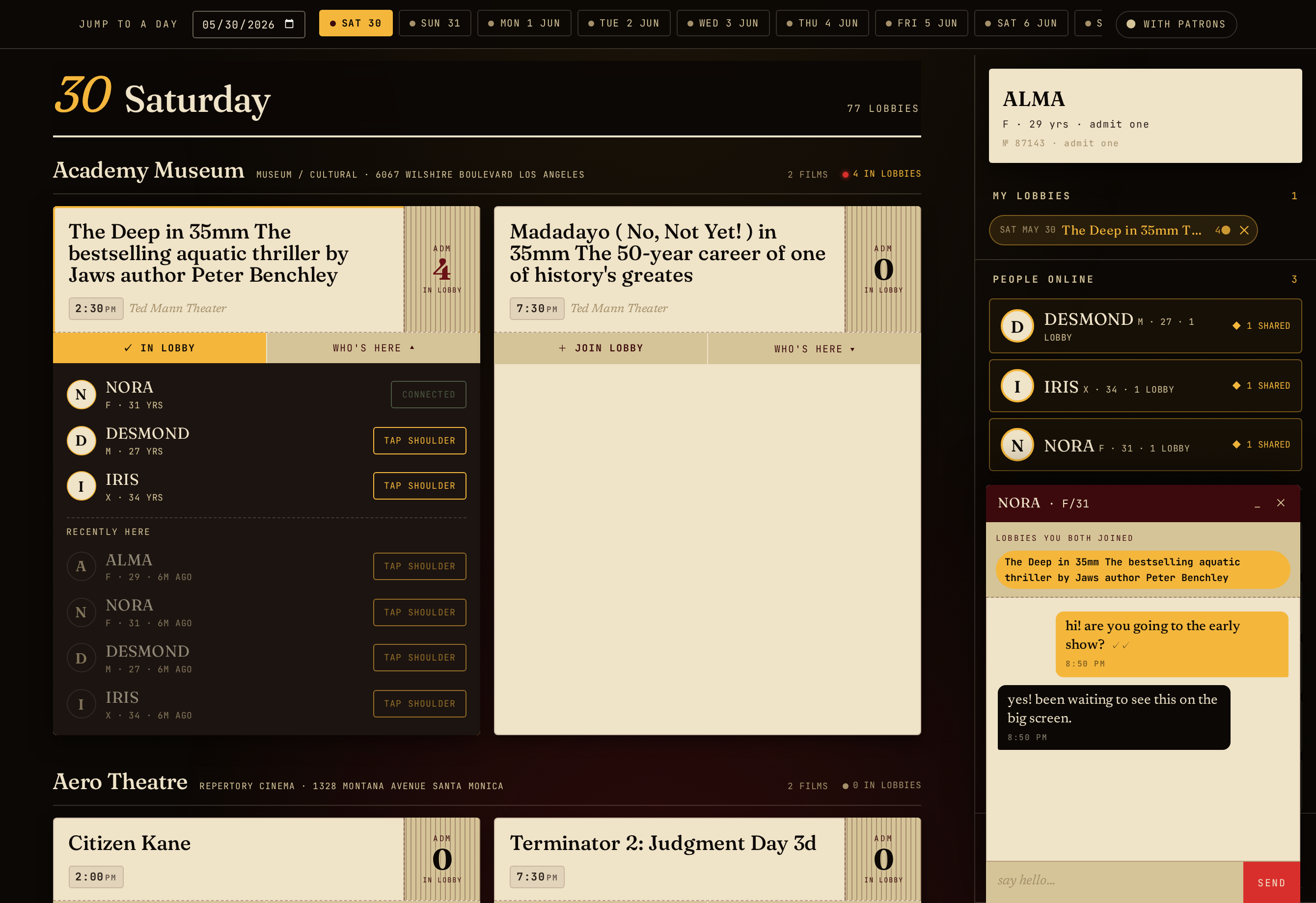 A 1:1 chat docked in the corner on desktop, showing shared lobbies and messages.