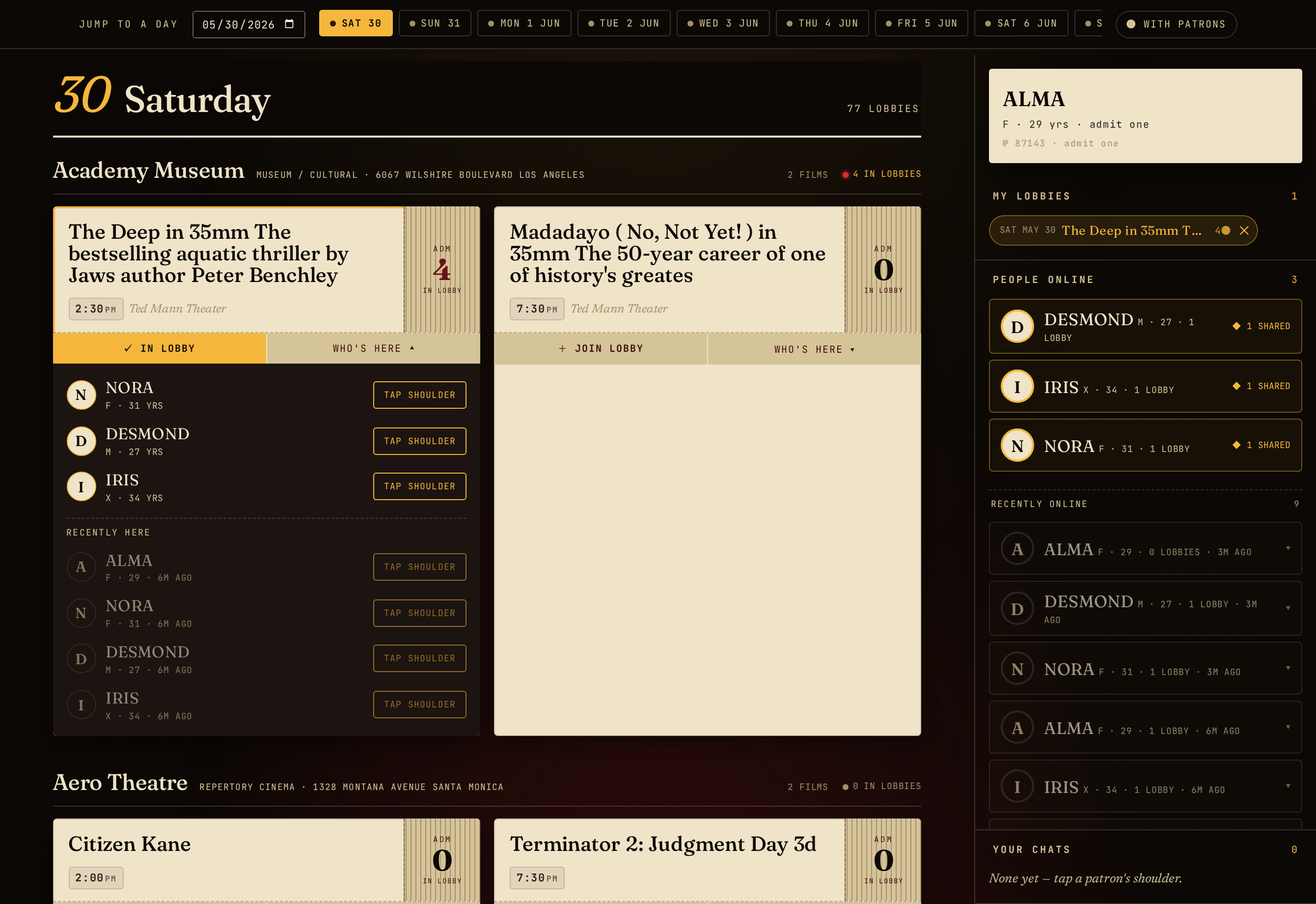 An expanded lobby on desktop showing the patrons currently in it, each with a tap button.