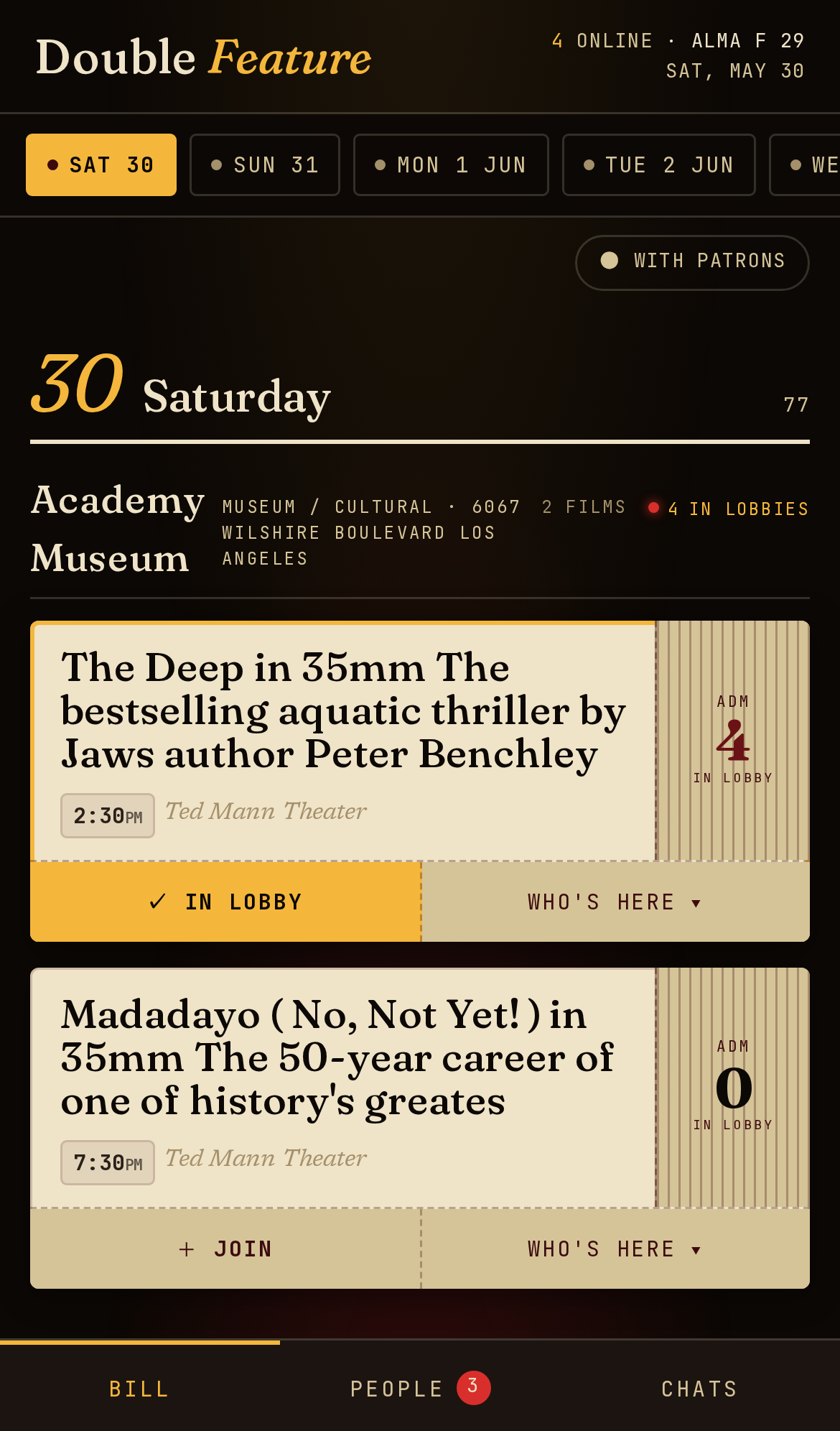 The Double Feature bill on mobile, with a day strip and screenings.